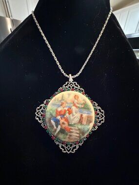 Artisan Vtg Pendant Hand-Painted Victorian Romantic Scene Silver-Tone Necklace